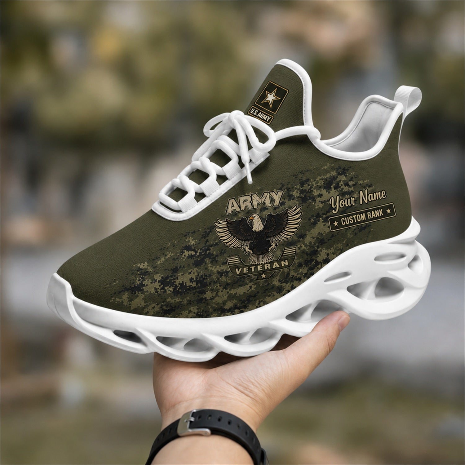 Custom Name US Army Veteran Eagle Camo Max Soul Shoes, Veteran Sneaker