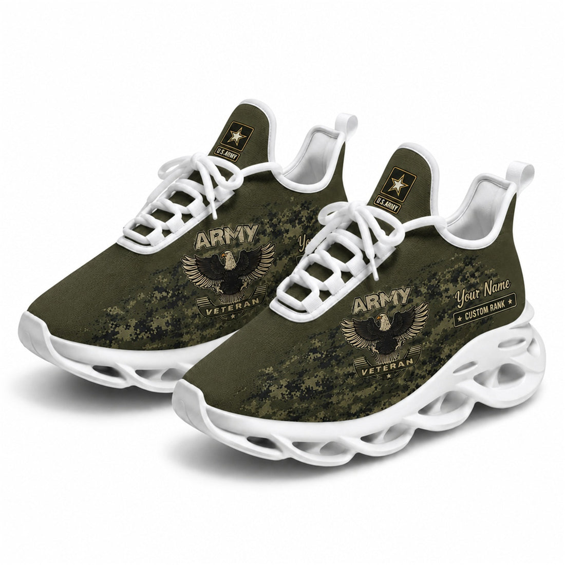 Custom Name US Army Veteran Eagle Camo Max Soul Shoes, Veteran Sneaker