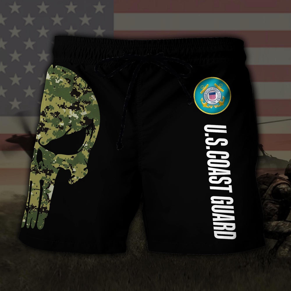 US Coast Guard US MilitaryEagle And American Skull Hawaiian Short, Short Military, Short Beach, Us Military Shorts