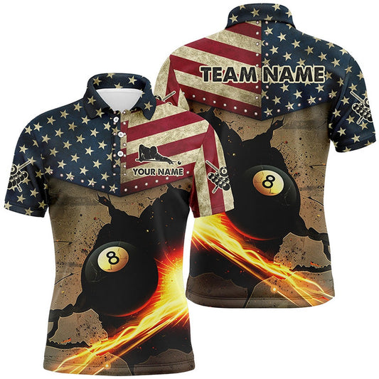 US Flag Funny 8 Ball Pool In Cracked Wall Custom Billiards Shirts, Father's Day Billiard Gifts, Billiard Team Polo Shirts