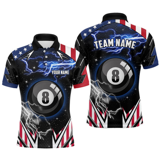 US Flag Lightning 8 Ball Pool Billiard Custom Patriotic Team League Billiard Shirts, Billiard Team Polo Shirts
