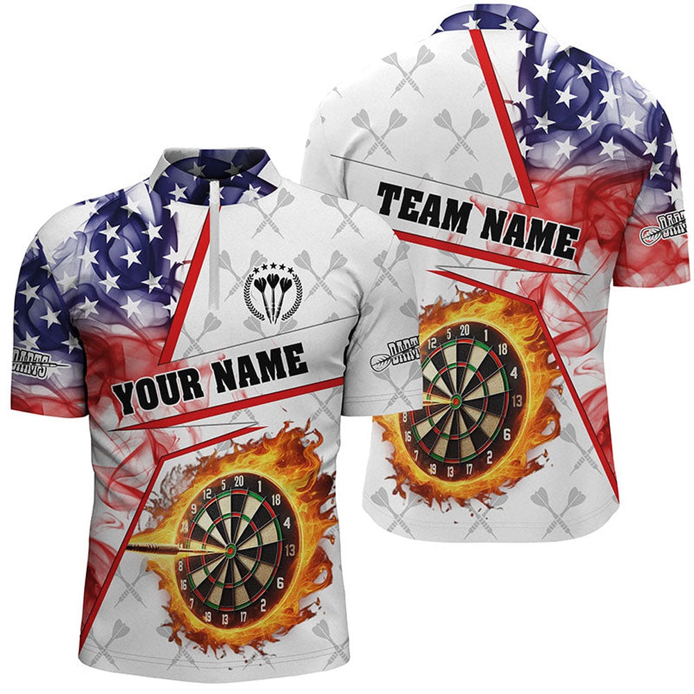 US Flag Smoke Custom Fire Flame Darts Jersey Shirts Patriotic Darts League Jerseys Whit, Darts Team Jersey Shirt