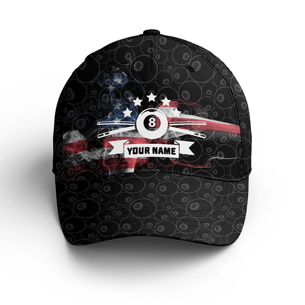 US Flag Smoke Pattern 8 Ball Pool Custom Billiard Team Baseball Cap Hats, Billiard Hats, Personalized Billiard Team Cap Hats