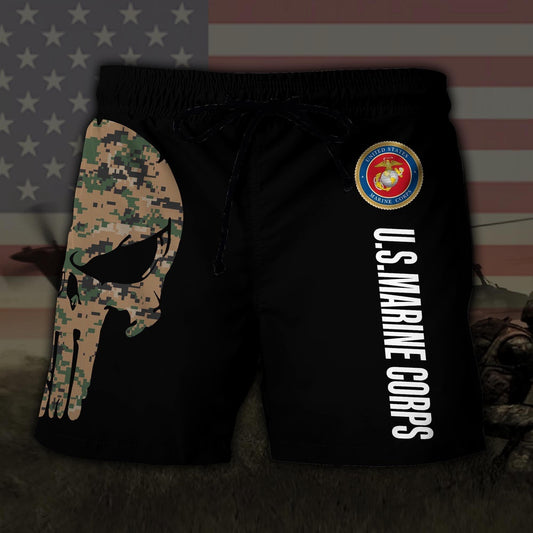 US Marine Corps US MilitaryEagle And American Skull Hawaiian Short, Short Military, Short Beach, Us Military Shorts