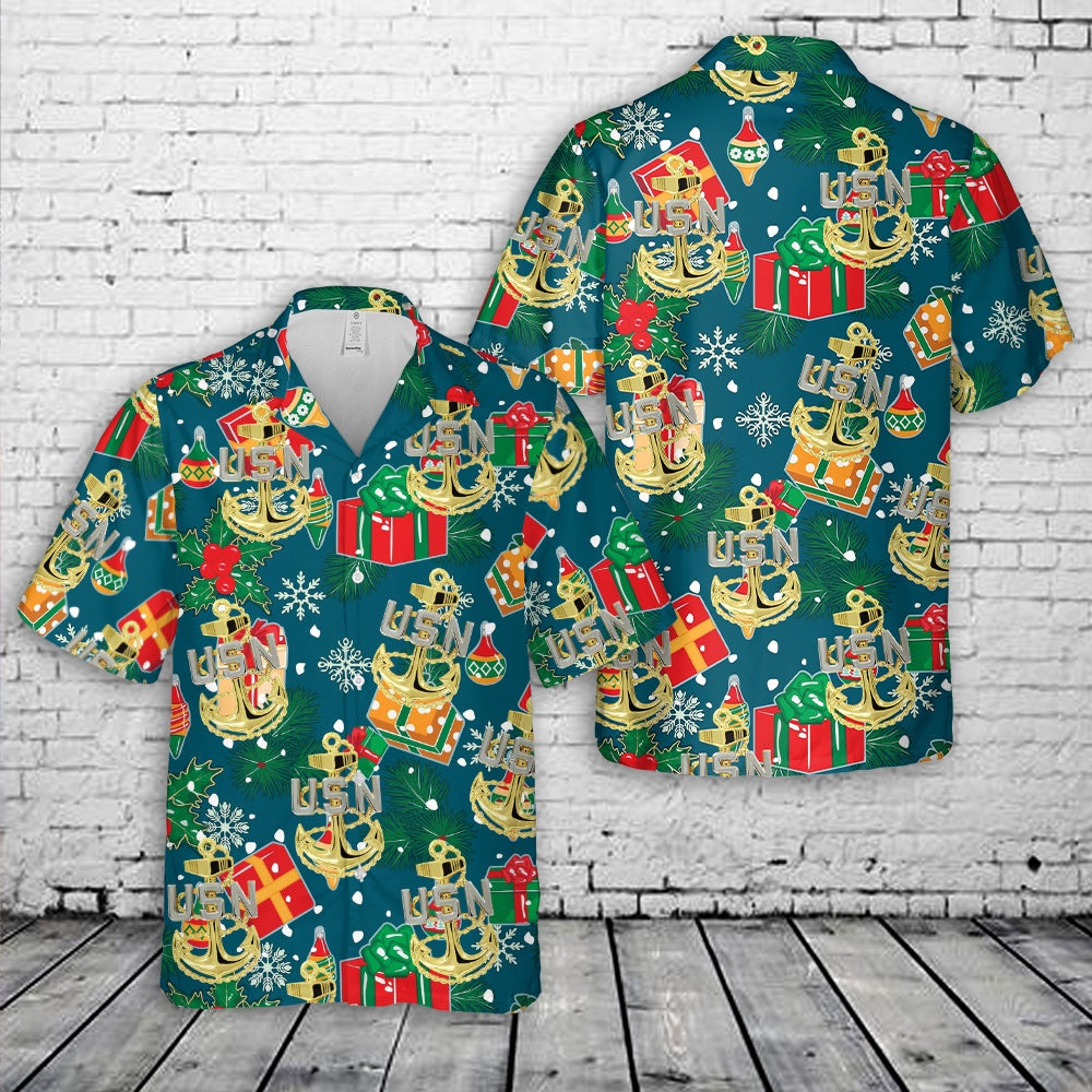 US Navy Chief Anchor Christmas Hawaiian Shirt, Xmas Hawaiian Shirts, Christmas Aloha Shirts
