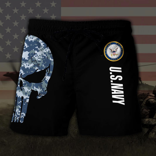 US Navy US MilitaryEagle And American Skull Hawaiian Short, Short Military, Short Beach, Us Military Shorts