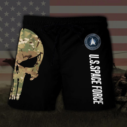 US Space Force US MilitaryEagle And American Skull Hawaiian Short, Short Military, Short Beach, Us Military Shorts