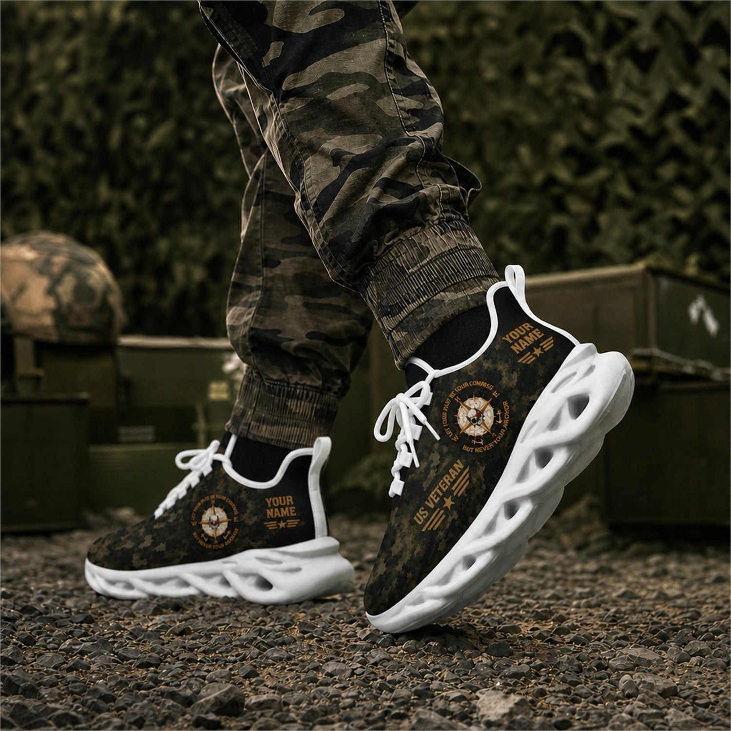 Custom Name US Veteran Camo Flag Max Soul Shoes, Veteran Sneaker