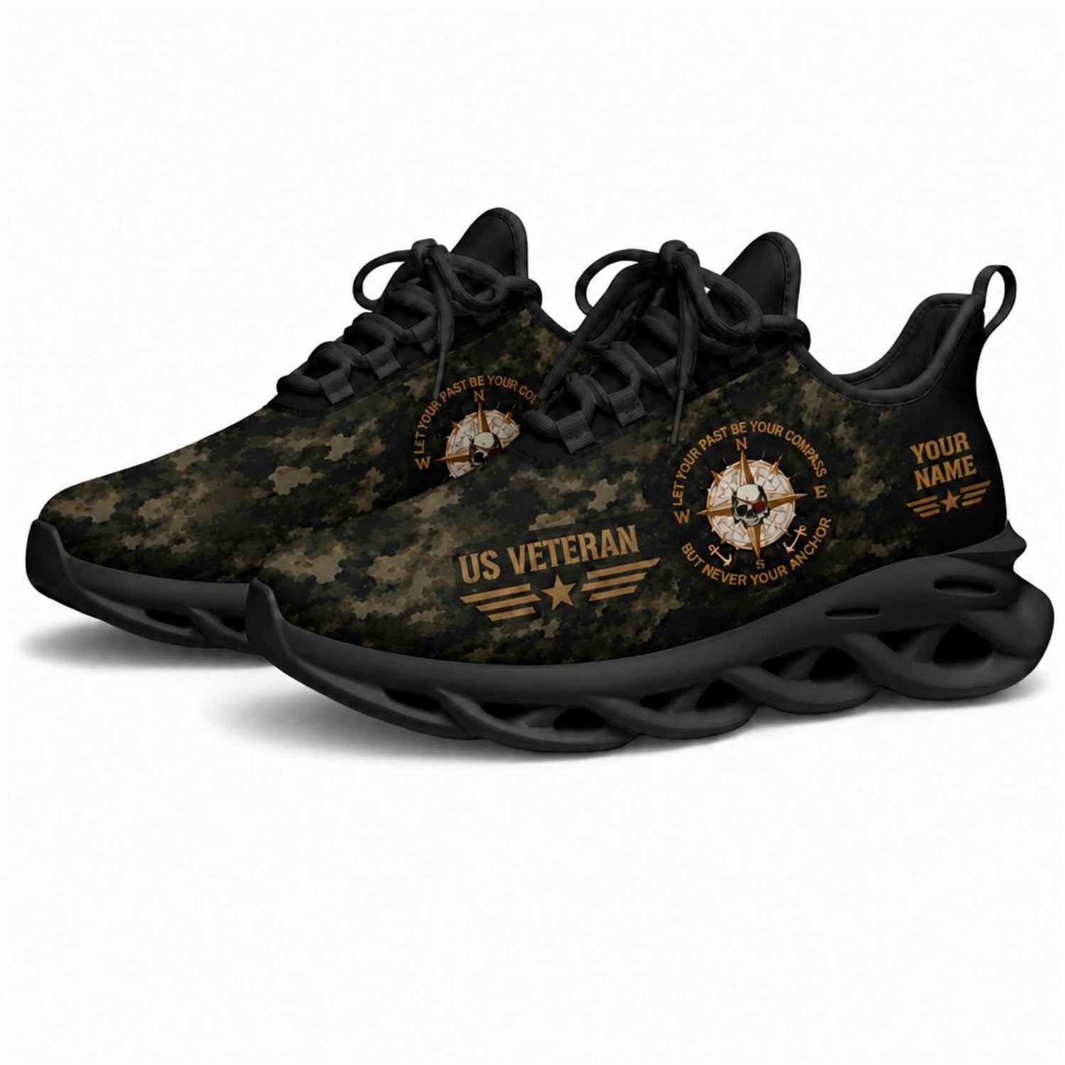 Custom Name US Veteran Camo Flag Max Soul Shoes, Veteran Sneaker