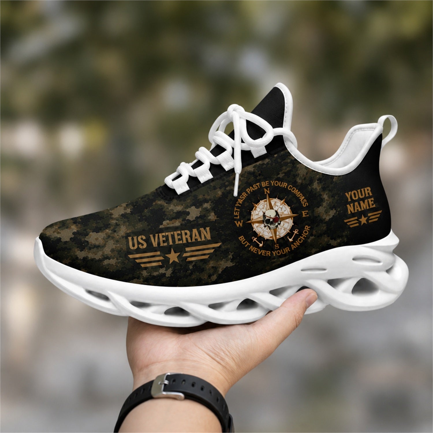 Custom Name US Veteran Camo Flag Max Soul Shoes, Veteran Sneaker