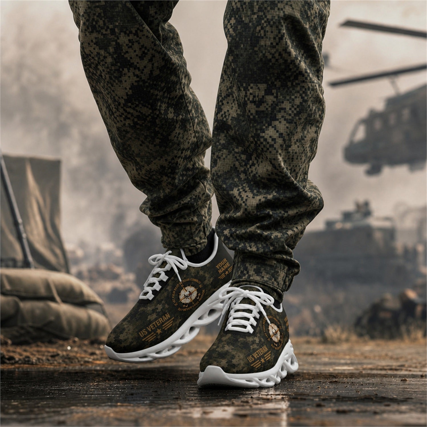 Custom Name US Veteran Camo Flag Max Soul Shoes, Veteran Sneaker