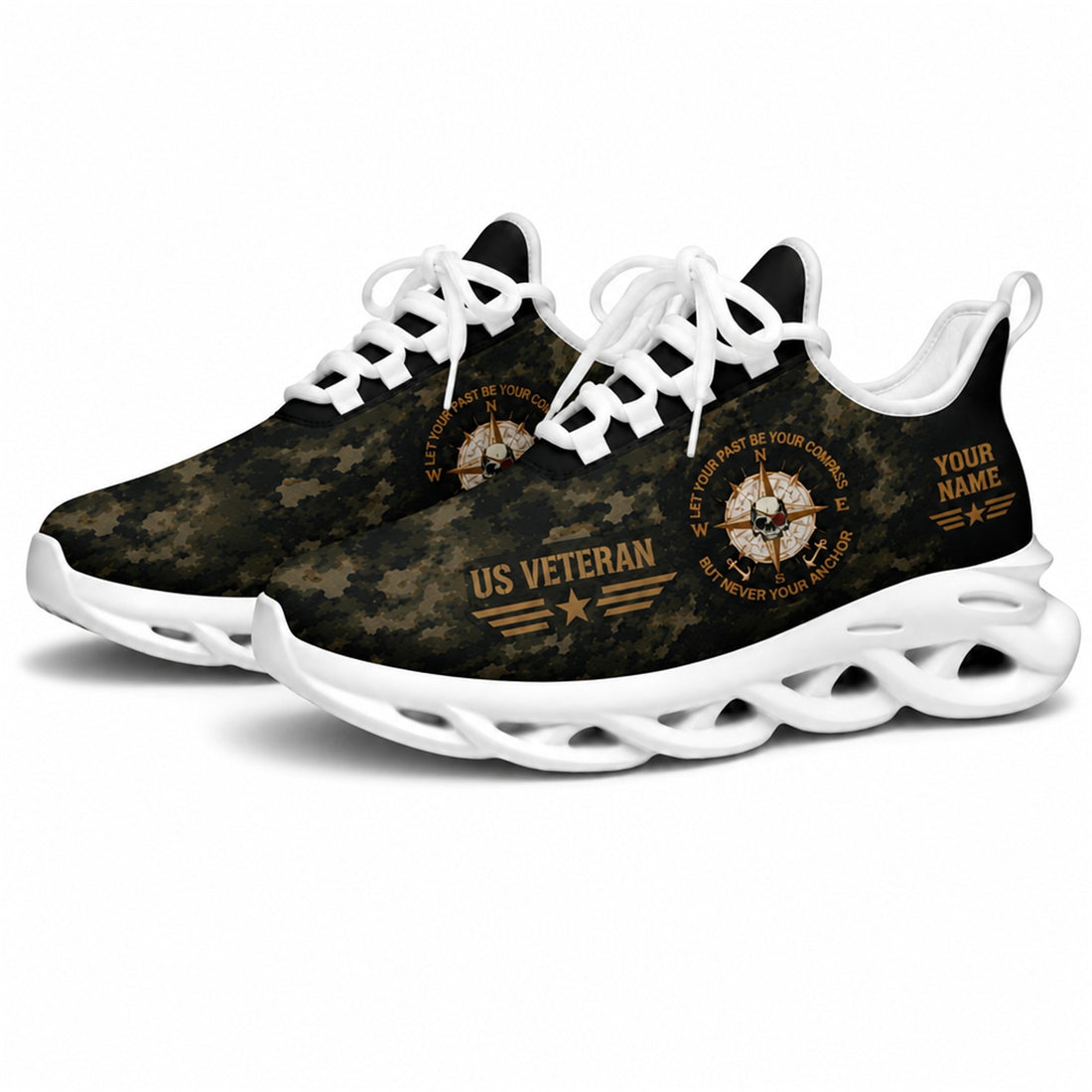 Custom Name US Veteran Camo Flag Max Soul Shoes, Veteran Sneaker