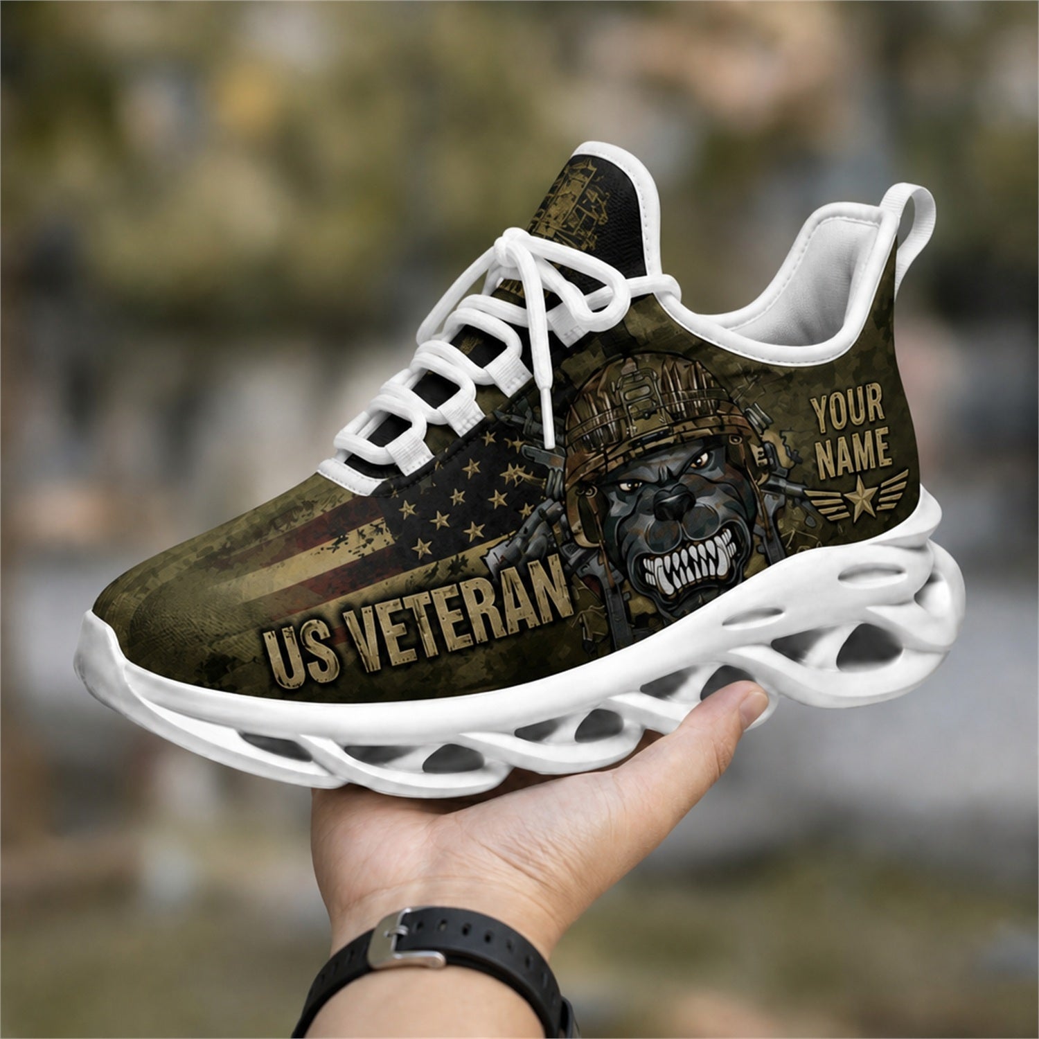 Custom Name US Veteran Camo Max Soul Shoes, Veteran Sneaker