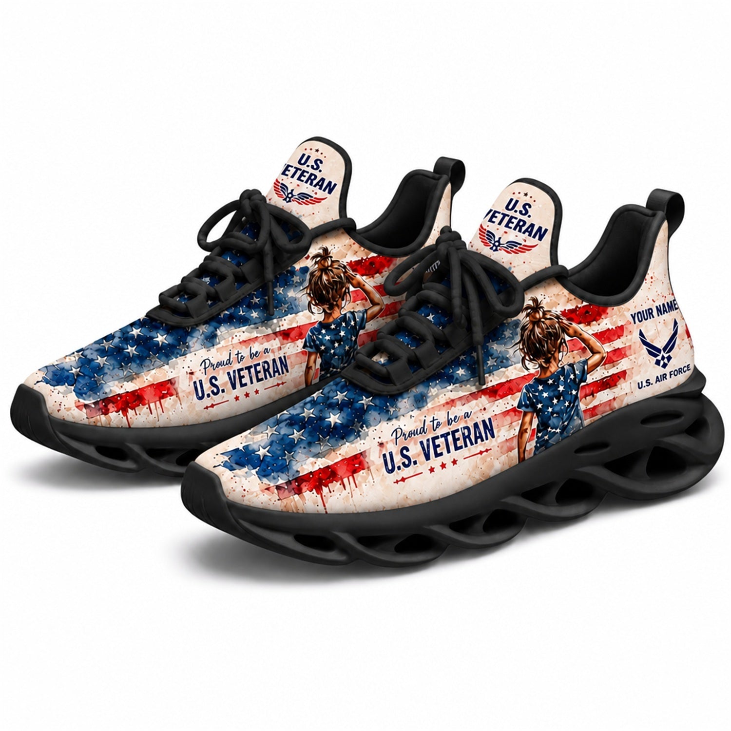 Custom Name US Veteran Eagle Flag Max Soul Shoes, Veteran Sneaker