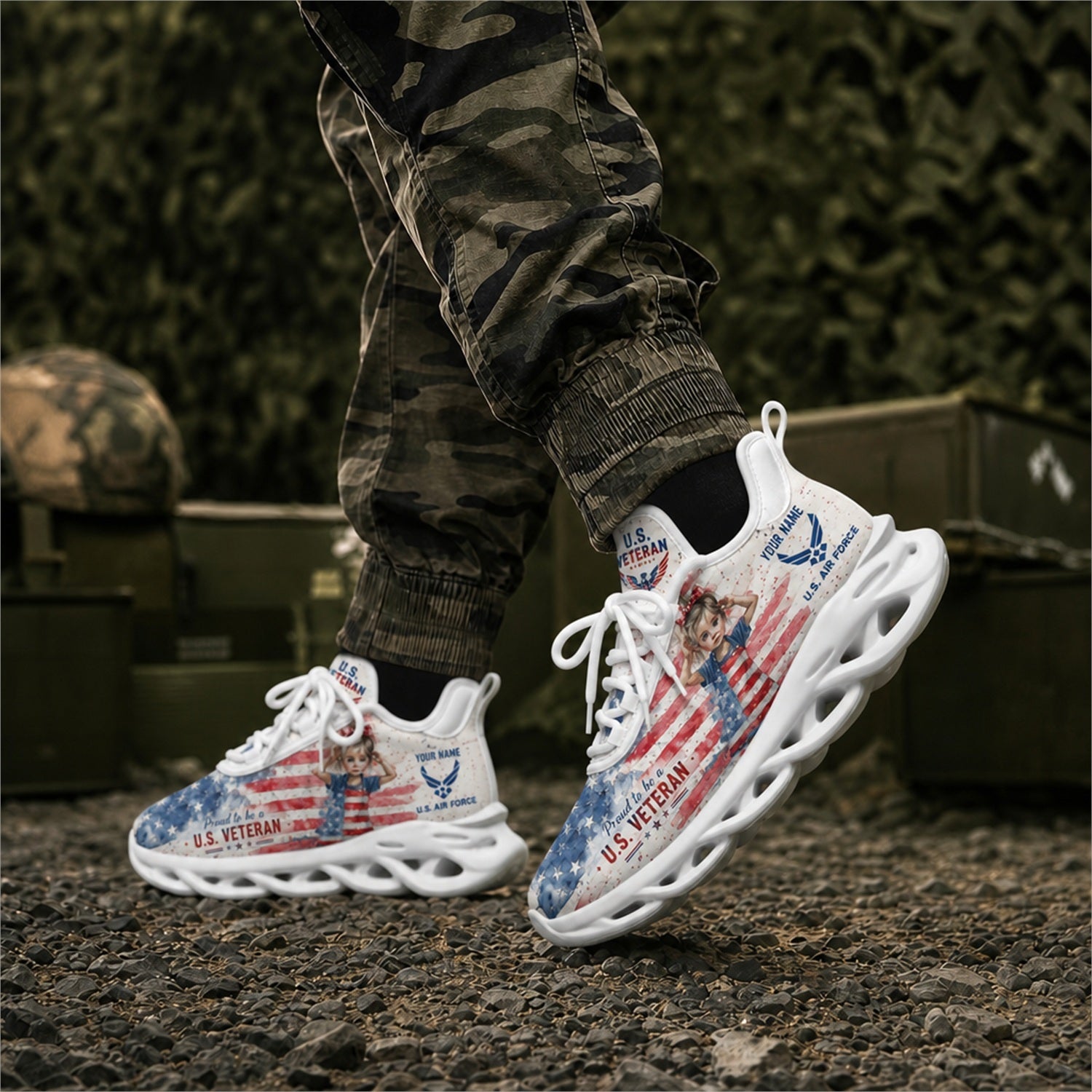 Custom Name US Veteran Patriotic Eagle Max Soul Shoes, Veteran Sneaker