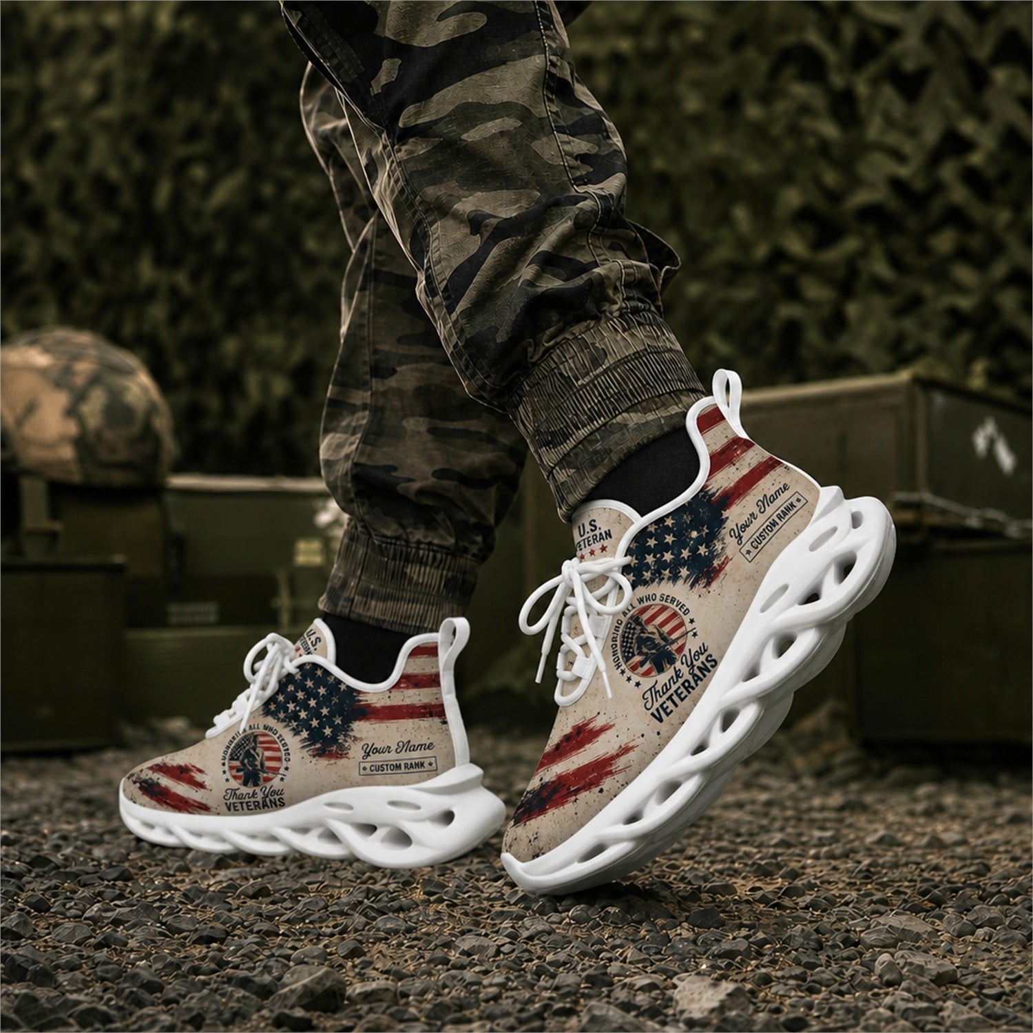 Custom Name US Veterans American Flag Max Soul Shoes, Veteran Sneaker