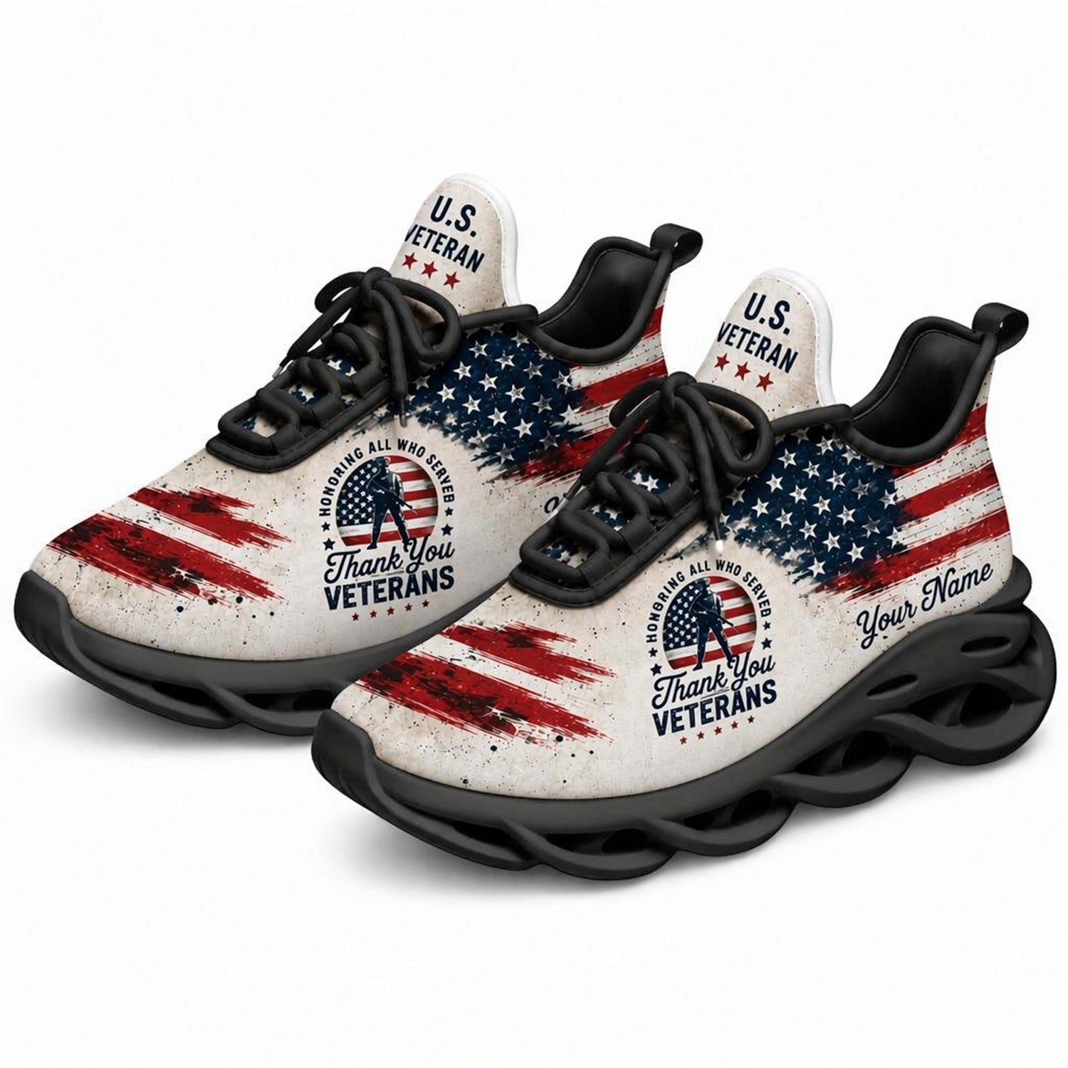 Custom Name US Veterans American Flag Max Soul Shoes, Veteran Sneaker
