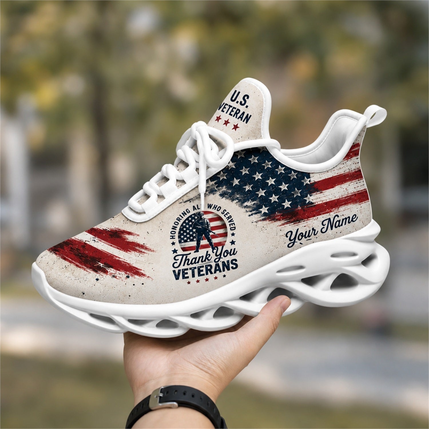 Custom Name US Veterans American Flag Max Soul Shoes, Veteran Sneaker