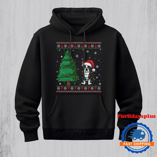Ugly Christmas Sweater Style Xmas Lights Boston Terrier Hoodie, Christmas T Shirt, Christmas Sweatshirt