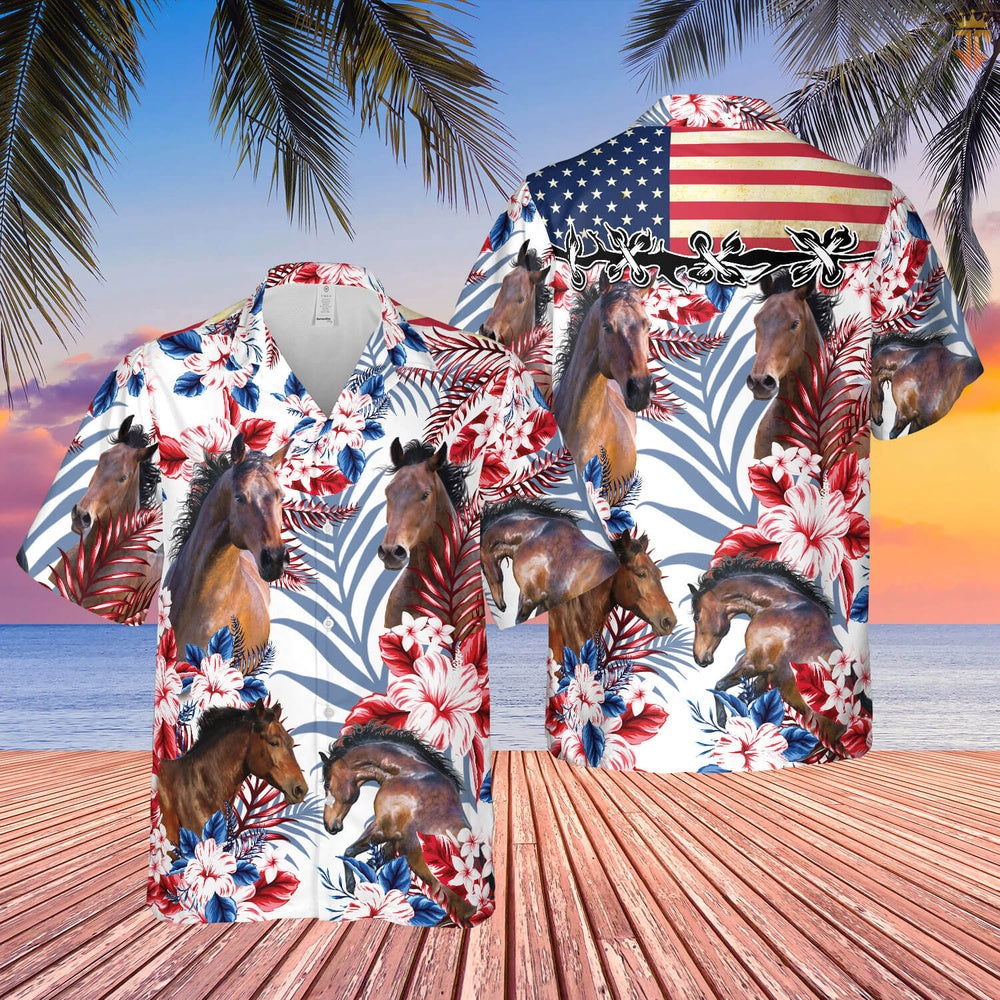 United States Flag Hawaiian Theme For Horse Lovers All 3D Printed Hawaiian shirt, Farm Hawaiian Shirt, Farmer Hawaii