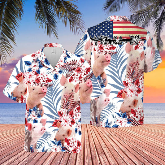 United States Flag Hawaiian Theme For Pig Lovers All 3D Printed Hawaiian shirt, Farm Hawaiian Shirt, Farmer Hawaii