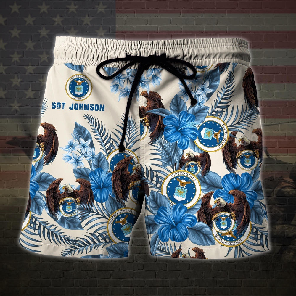 Us Air Force Military Veteran Custom Name Hawaiian Short, Men Shorts Custom Shirt, Short Military, Short Beach, Us Military Shorts