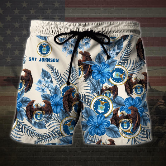 Us Air Force Military Veteran Custom Name Hawaiian Short, Men Shorts Custom Shirt, Short Military, Short Beach, Us Military Shorts