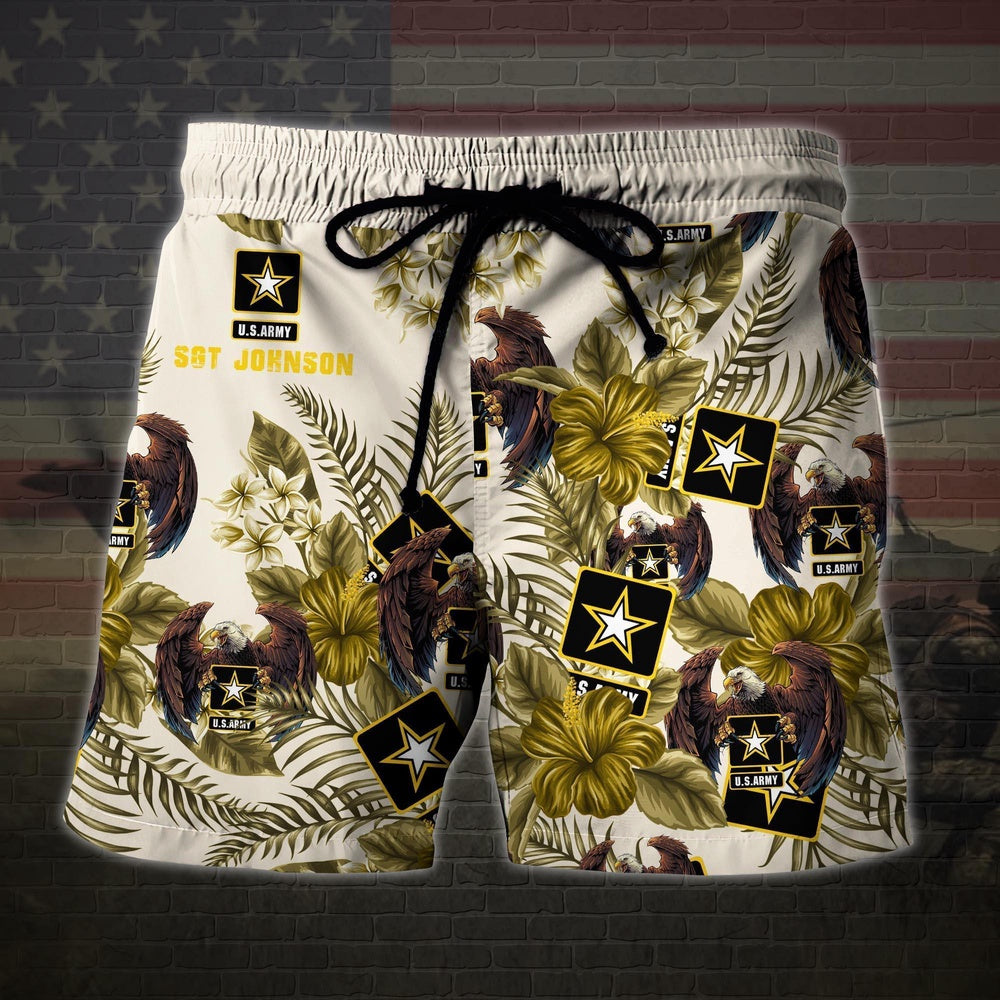 Us Army Military Veteran Custom Name Hawaiian Short, Men Shorts Custom Shirt, Short Military, Short Beach, Us Military Shorts