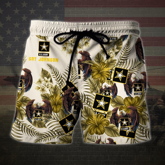 Us Army Military Veteran Custom Name Hawaiian Short, Men Shorts Custom Shirt, Short Military, Short Beach, Us Military Shorts