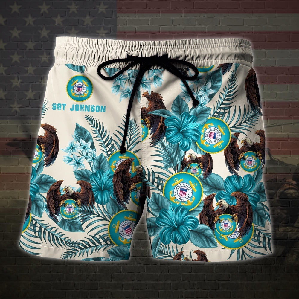 Us Coast Guard Military Veteran Custom Name Hawaiian Short, Men Shorts Custom Shirt, Short Military, Short Beach, Us Military Shorts