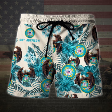 Us Coast Guard Military Veteran Custom Name Hawaiian Short, Men Shorts Custom Shirt, Short Military, Short Beach, Us Military Shorts