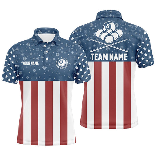 Us Flag Christmas Snowflakes Pattern Custom Billiard Polo Shirts, Patriotic Christmas Shirts, Billiard Team Polo Shirts