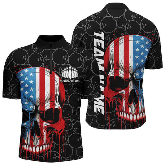 Us Flag Skull Bowling Shirts For Men With Custom Name, Personalized Patriotic Bowling Jerseys , Bowling Jersey Shirt