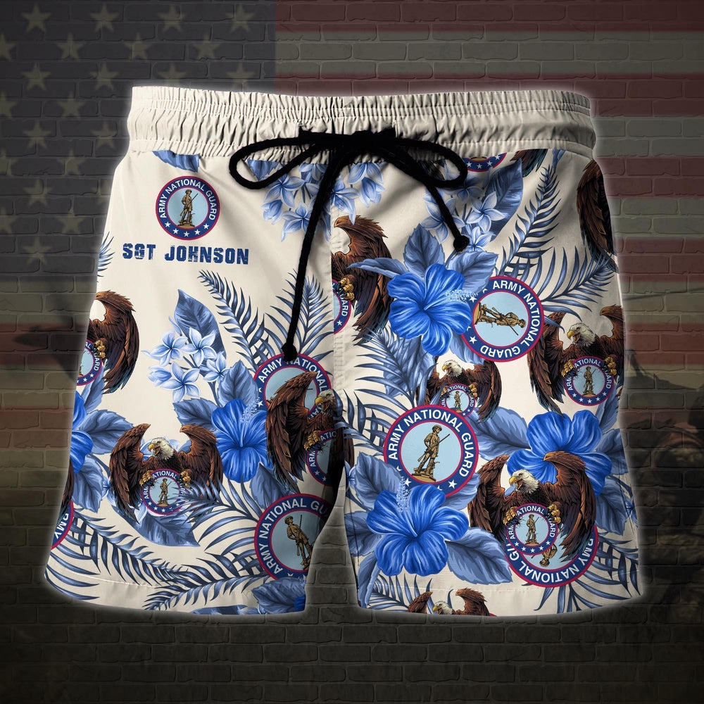 Us National Guard Military Veteran Custom Name Hawaiian Short, Men Shorts Custom Shirt, Short Military, Short Beach, Us Military Shorts
