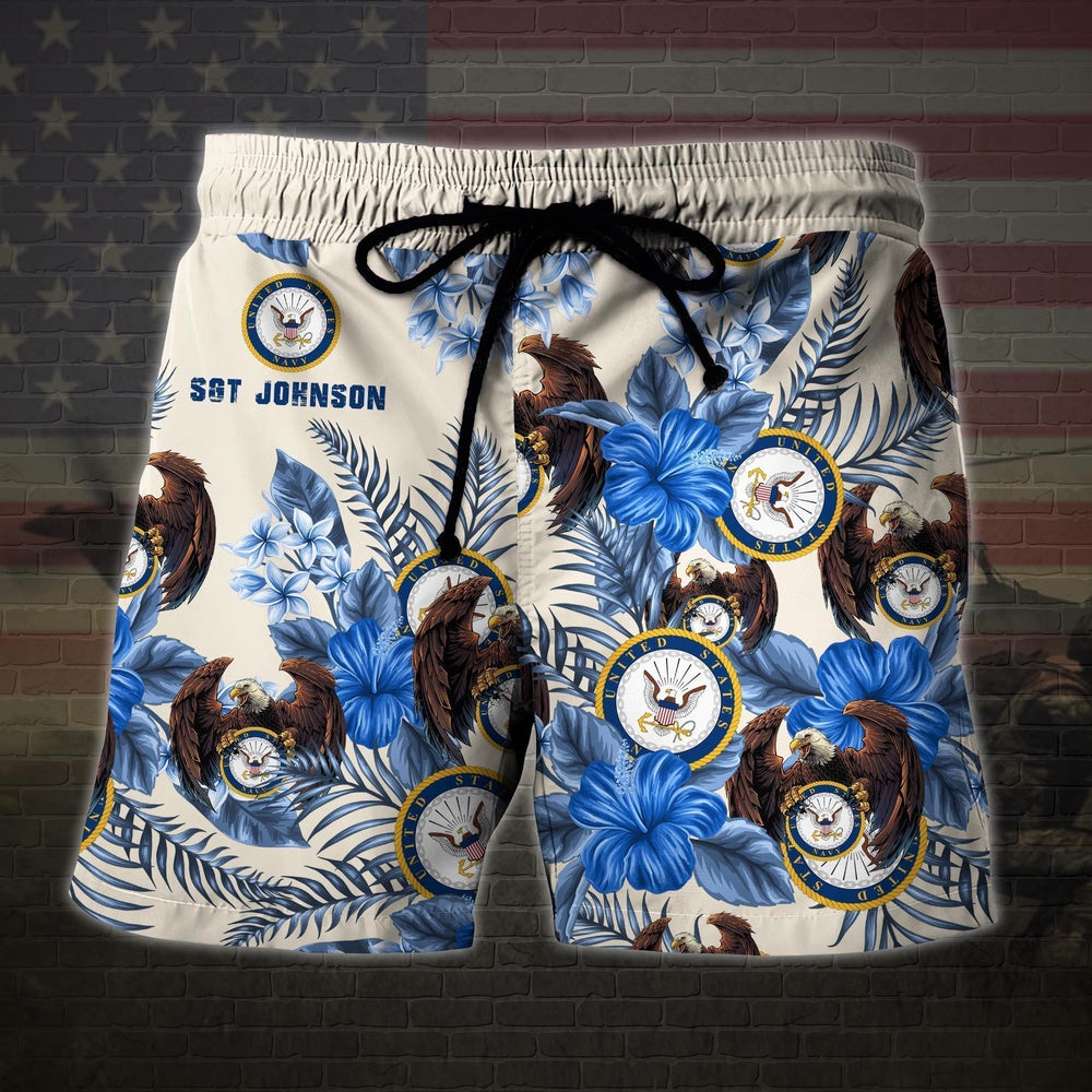 Us Navy Military Veteran Custom Name Hawaiian Short, Men Shorts Custom Shirt, Short Military, Short Beach, Us Military Shorts