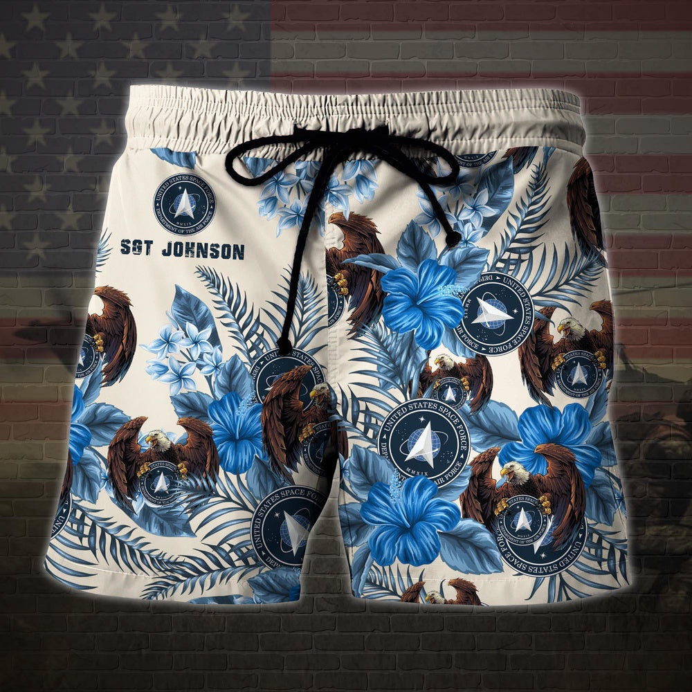 Us Space Force Military Veteran Custom Name Hawaiian Short, Men Shorts Custom Shirt, Short Military, Short Beach, Us Military Shorts