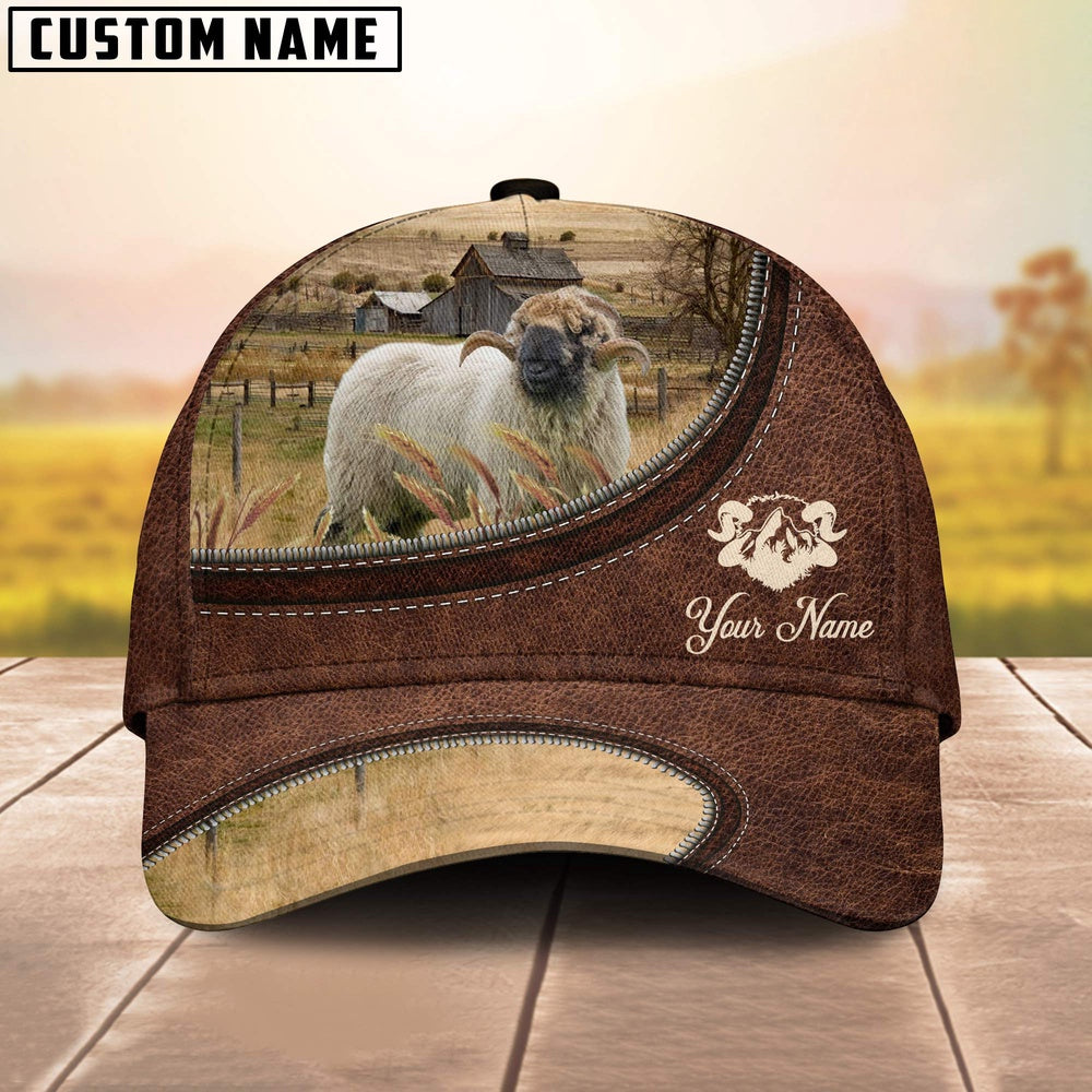 Valais Blacknose On The Farm Customized Name Leather Pattern Cap, Farmer Cap, Cap For Farmers, Best Farm Hat, Farm Use Hat