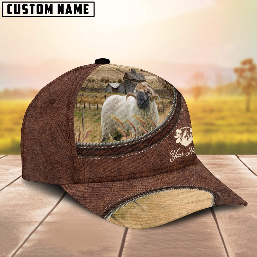 Valais Blacknose On The Farm Customized Name Leather Pattern Cap, Farmer Cap, Cap For Farmers, Best Farm Hat, Farm Use Hat