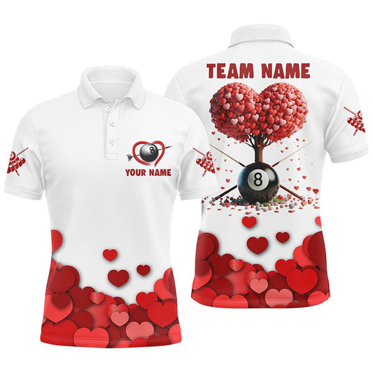 Valentine 8 Ball Pool With Red Hearts Tree Polo Shirts, Custom Billiard Valentines Sport Shirts, Billiard Team Polo Shirts
