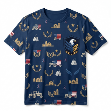 A men's navy blue 3D all-over print t-shirt featuring a continuous pattern of farm tractors, barns, American flags, and veteran dog tags, with a large eagle shield crest on the left chest, isolated on a white background