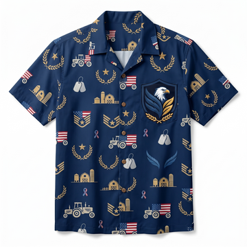 A navy blue short-sleeve Hawaiian button-up shirt with an all-over pattern of red barns, farm tractors, military dog tags, and US flags, featuring a prominent eagle shield logo on the left chest pocket, isolated on a white background