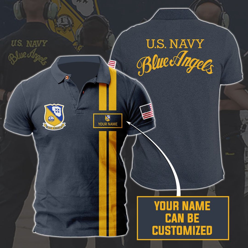 Veteran Polo Shirt, Blue Angels Dark Navy Blue Custom Name Polo Shirt