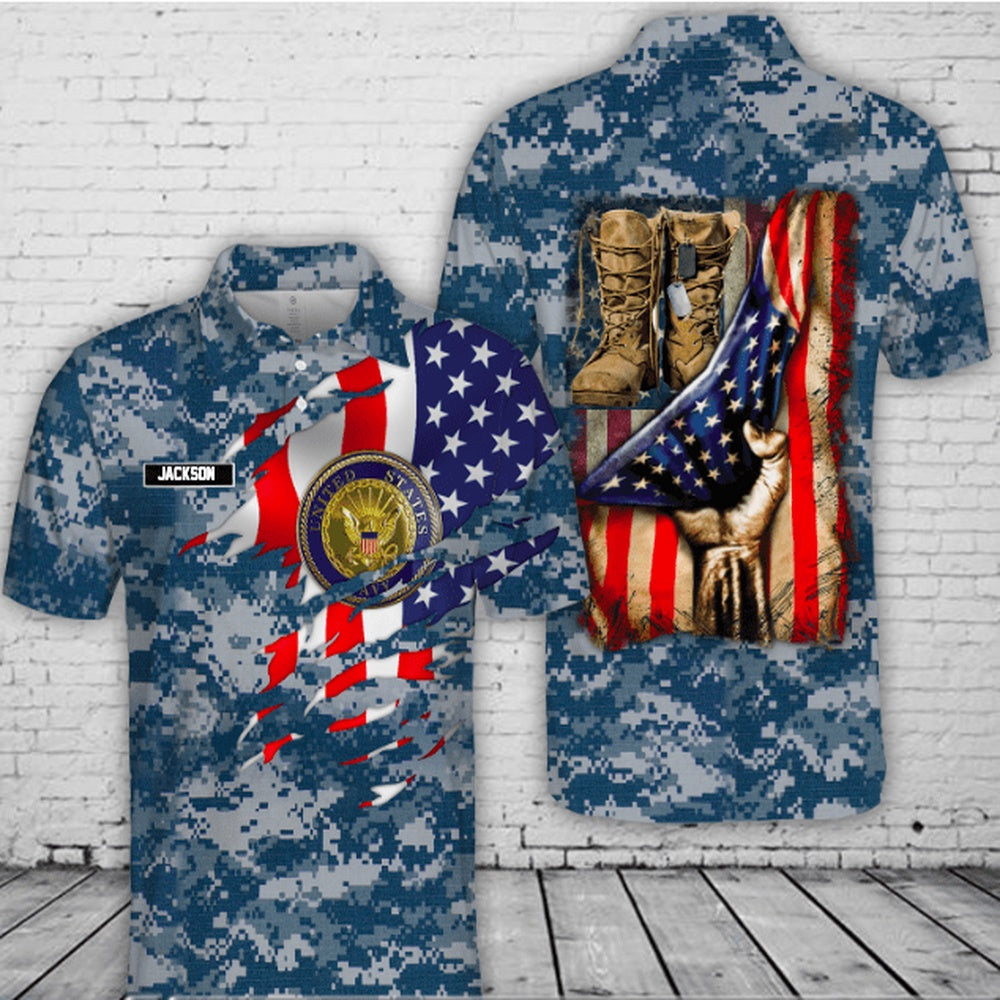Veteran Polo Shirt, Custom Name Us Navy Military Boots Blue Camo Polo Shirt