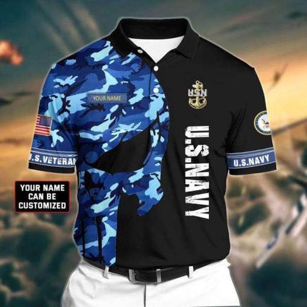 Veteran Polo Shirt, Custom Name Us Navy Skull Black Camo Pattern Polo Shirt