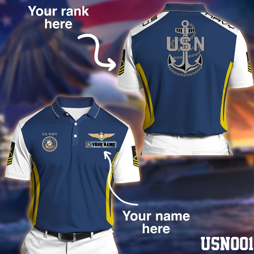 Veteran Polo Shirt, US Navy Custom Name And Rank Polo Shirt