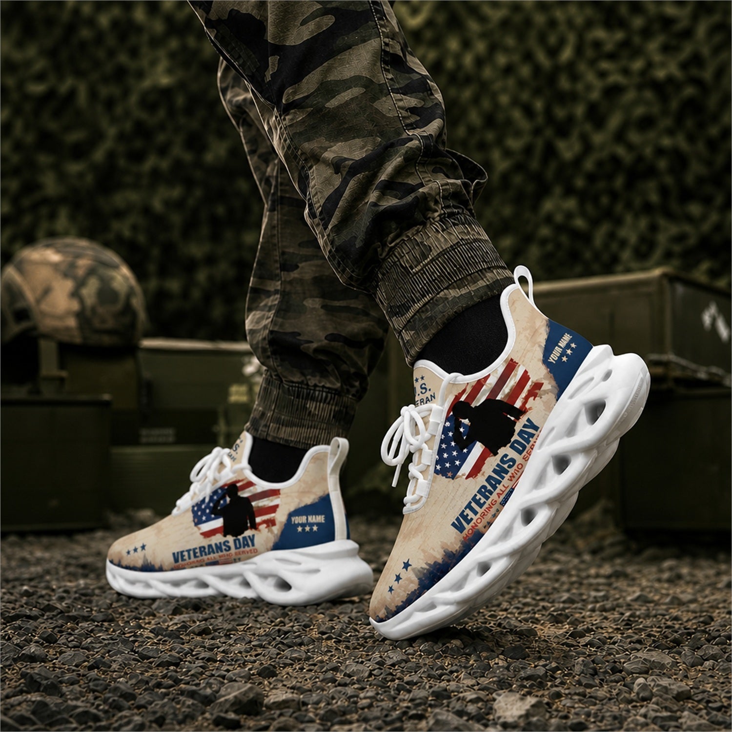 Custom Name Veterans Day American Flag Max Soul Shoes, Veteran Sneaker