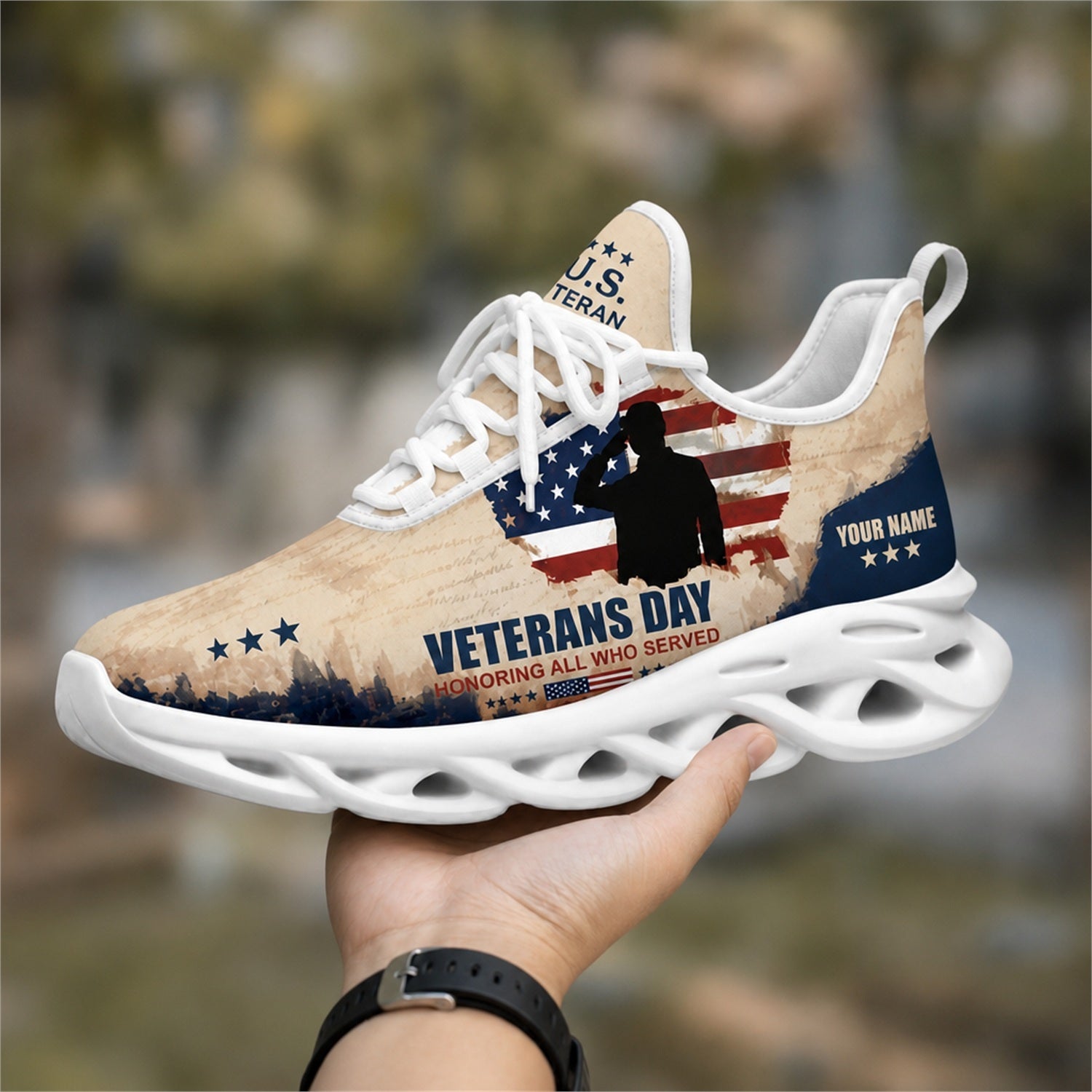 Custom Name Veterans Day American Flag Max Soul Shoes, Veteran Sneaker
