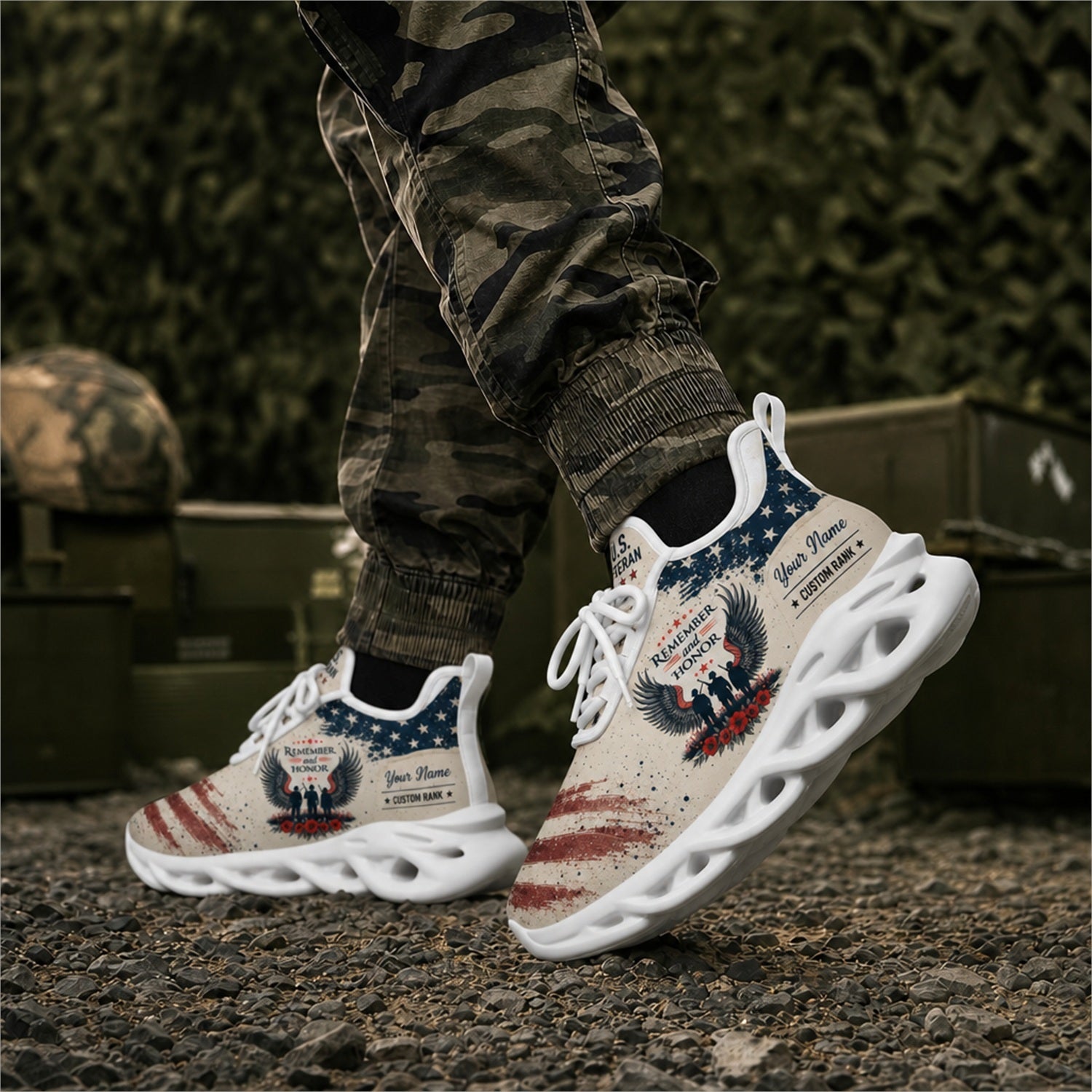 Custom Name Vietnam Veteran American Flag Max Soul Shoes, Veteran Sneaker
