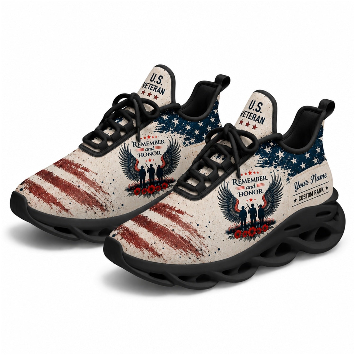 Custom Name Vietnam Veteran American Flag Max Soul Shoes, Veteran Sneaker