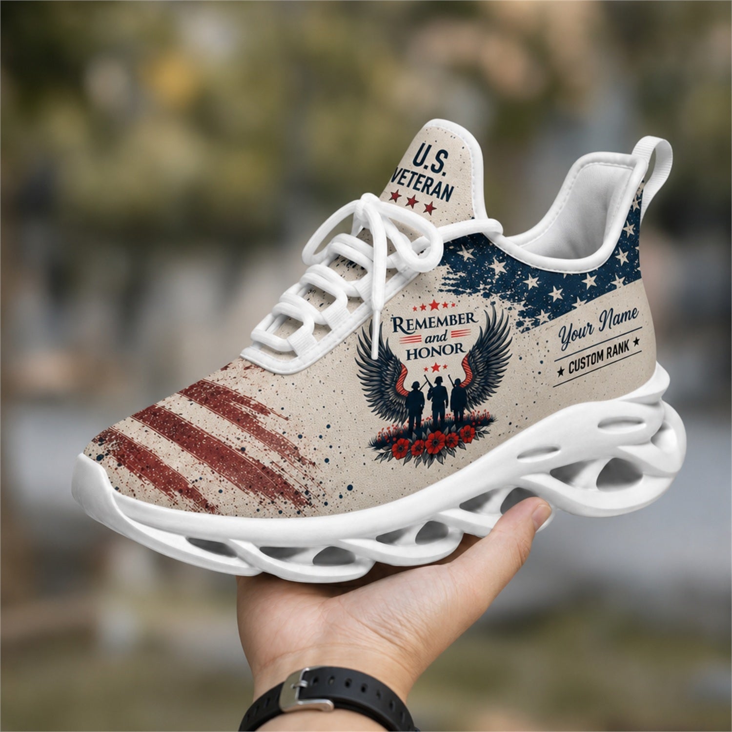 Custom Name Vietnam Veteran American Flag Max Soul Shoes, Veteran Sneaker